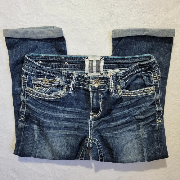 Trademark H Cropped Denim Jeans Logo Embroidered Cuffed Medium  Wash Size 29 - Picture 5 of 15